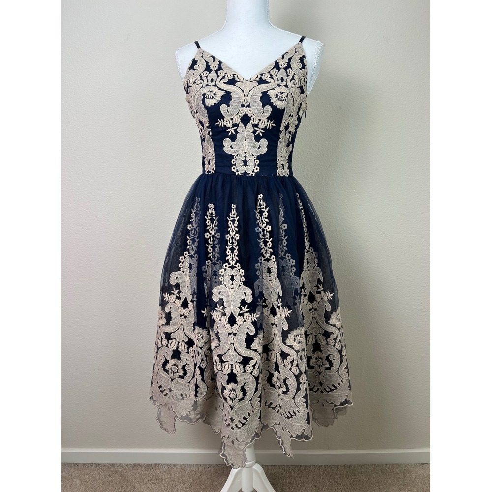 ChiChi London Navy Embroidered Lace Tulle Midi Dress US 2 Prom Cocktail Romantic